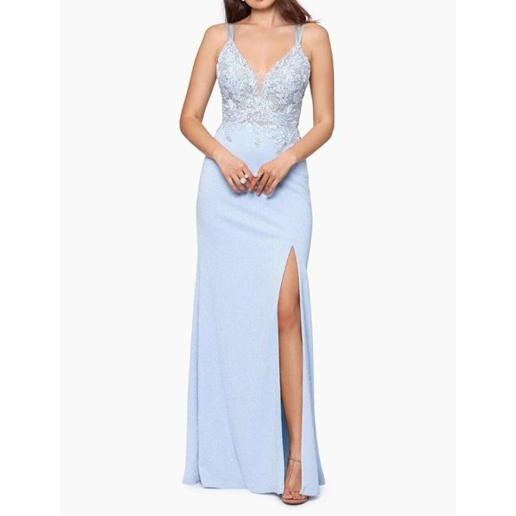 NEW XSCAPE 4366X Long Glitter Embroidered Gown Dress Size 6 Blue.Silver NWT 0074 - Picture 1 of 14